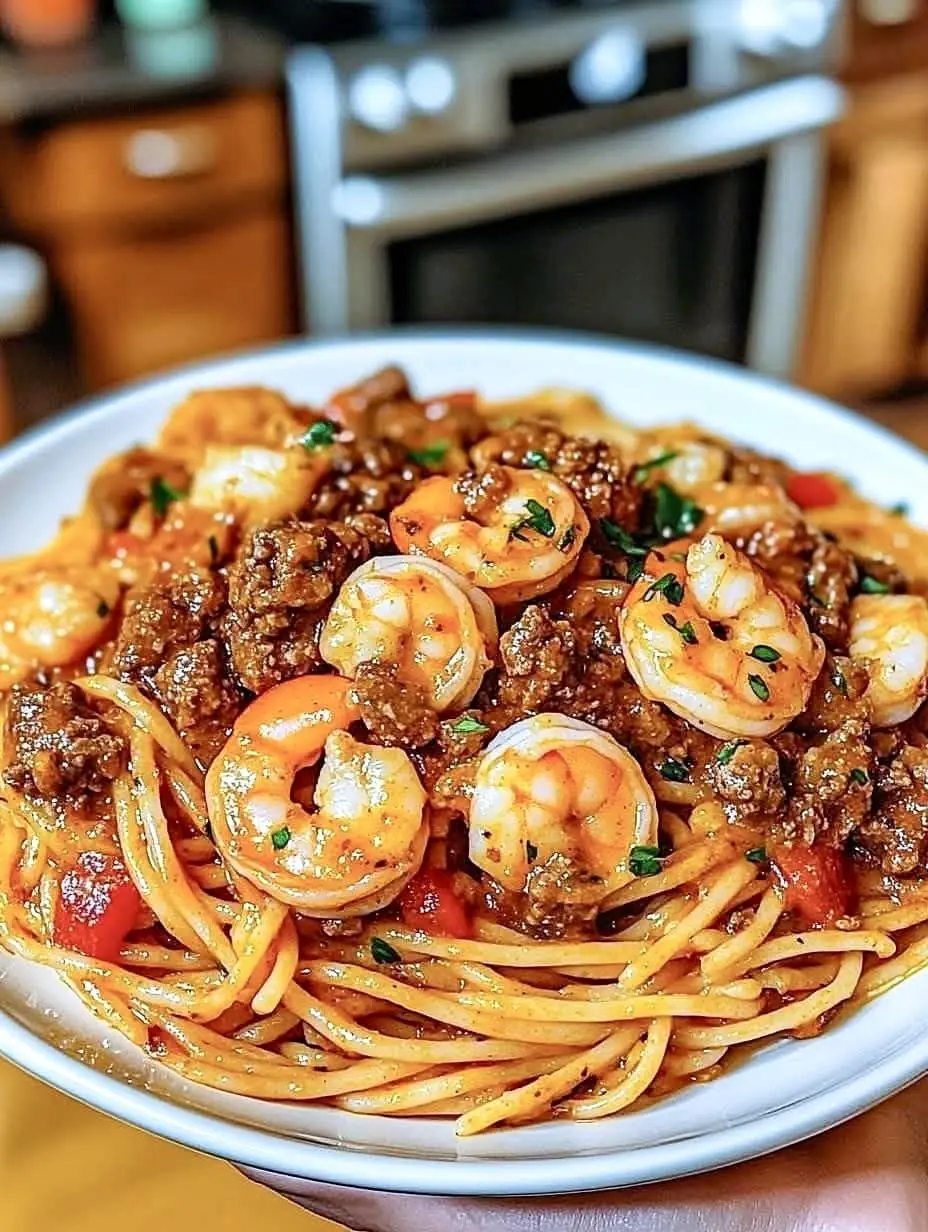 Creamy Beef and Shrimp Spaghetti in Cajun Sauce