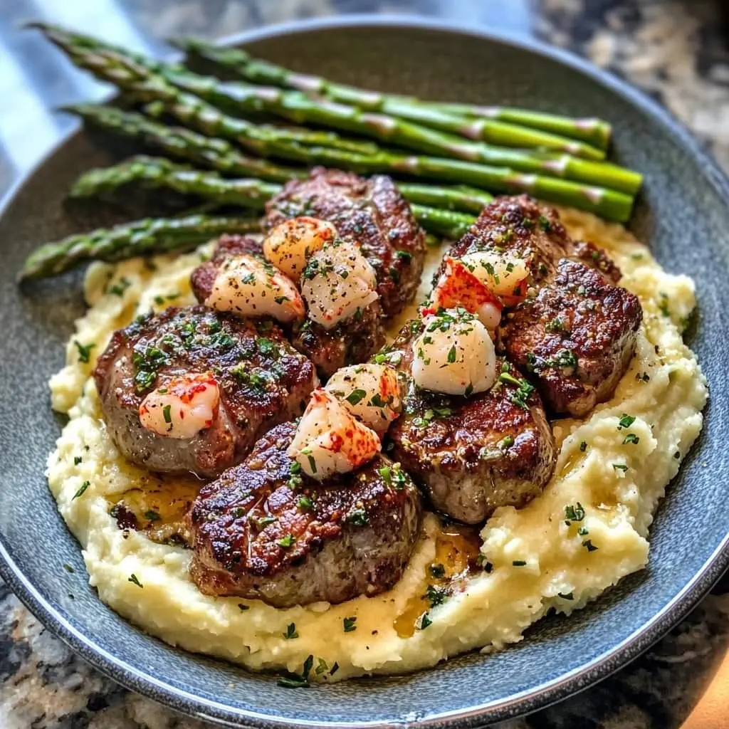 Succulent Lamb Chops Over Lobster Mashed Potatoes with Asparagus
