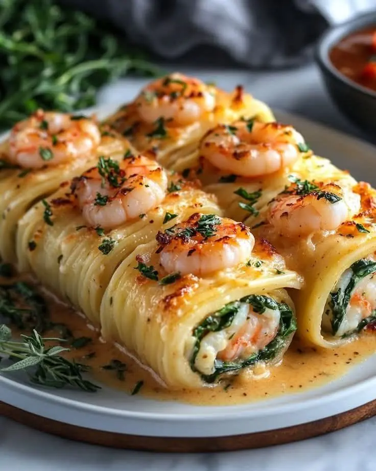 Shrimp and Spinach Stuffed Pasta Rolls
