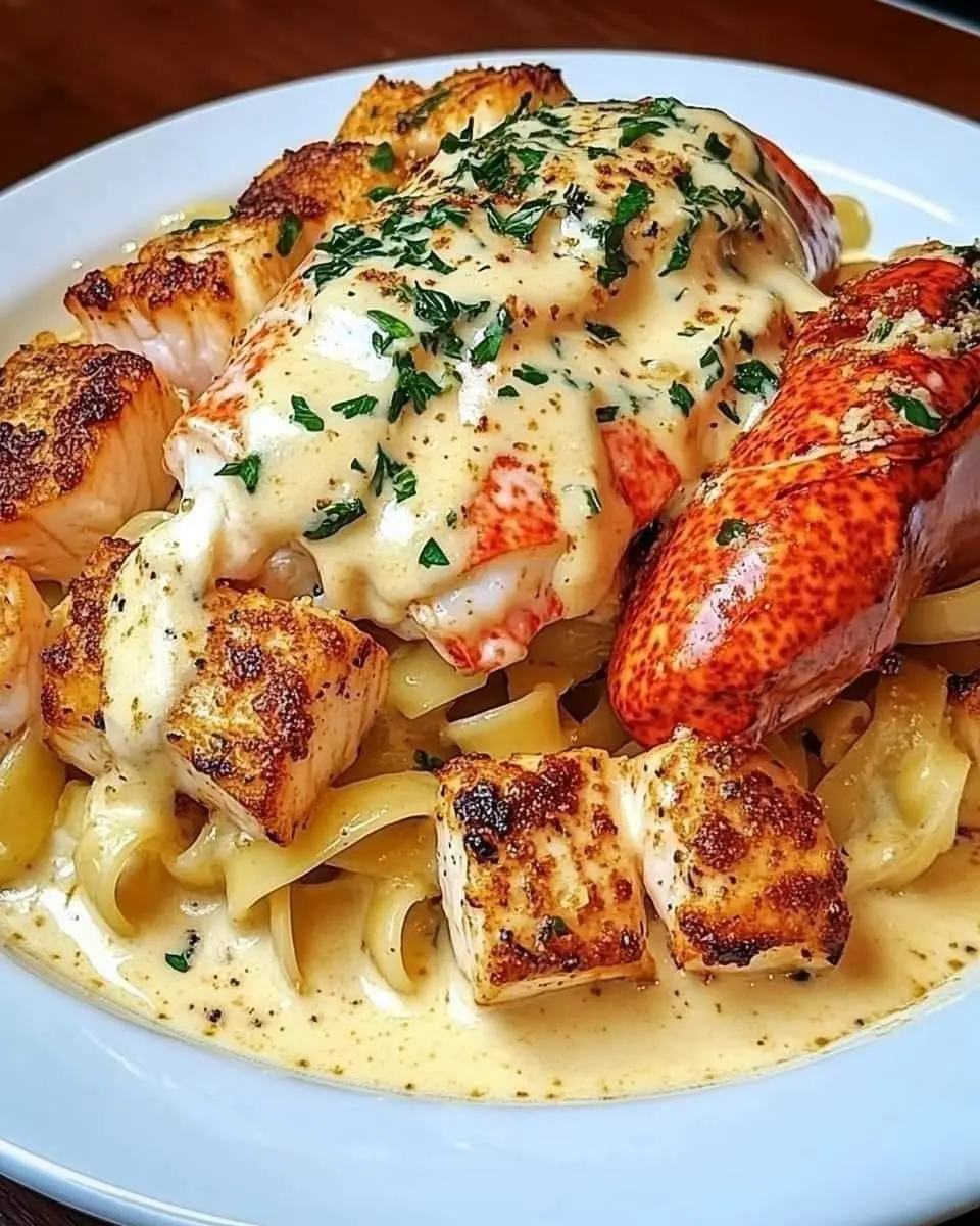 CAJUN LOBSTER, CRAB and SALMON ALFREDO