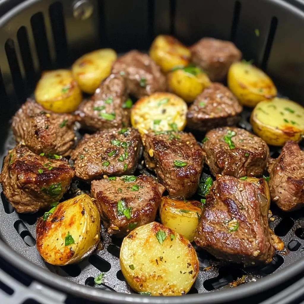 Air Fryer Garlic Butter Steak Bites and Potatoes
