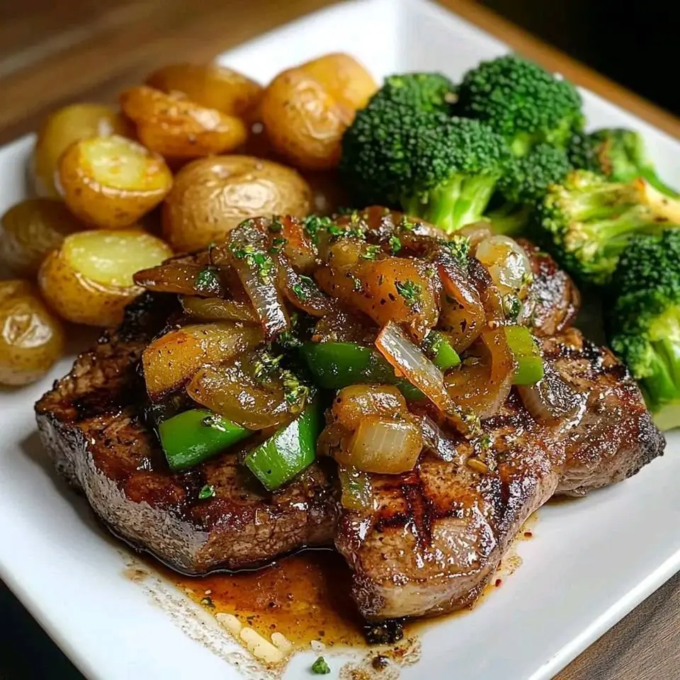 Grilled Steak with Sautéed Peppers and Onions