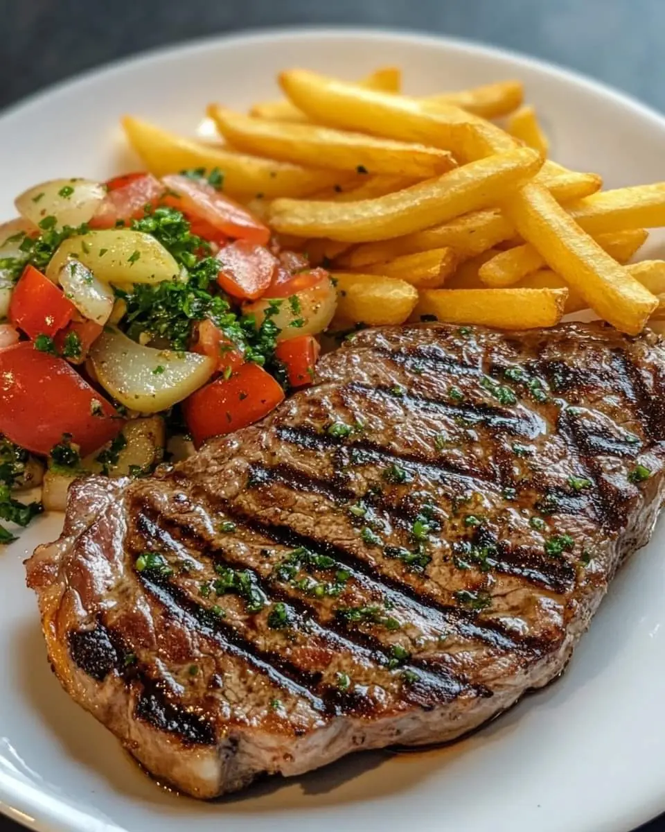 GRILLED STEAK WITH TOMATO AND ONION SALAD AND FRENCH FRIES