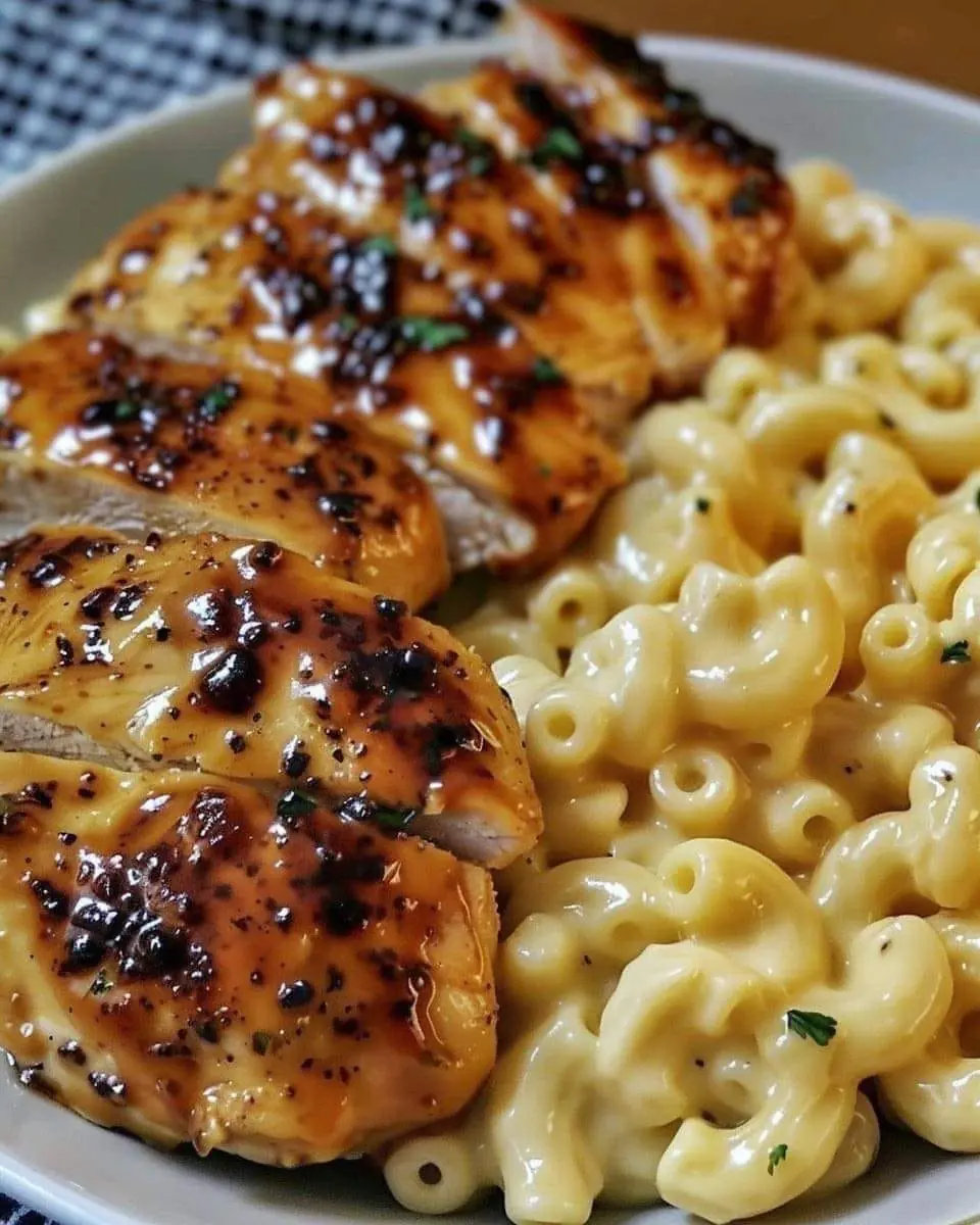 Sweet and Spicy Honey Pepper Chicken with Creamy Macaroni Cheese