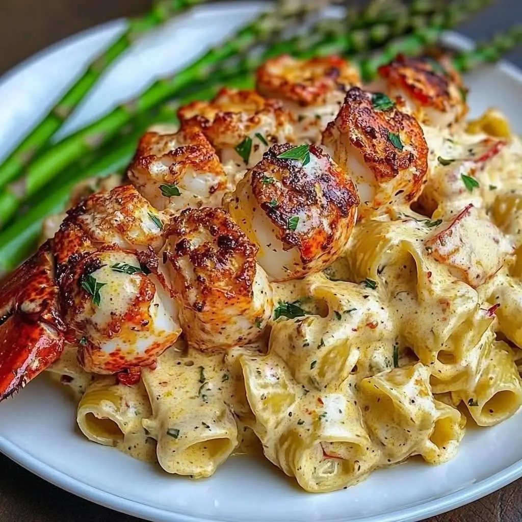 Cajun Butter Lobster Tail with Creamy Garlic Pasta & Roasted Asparagus