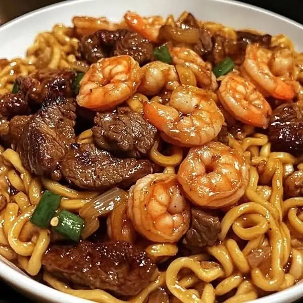 Garlic Butter Steak and Shrimp Stir-Fried Noodles