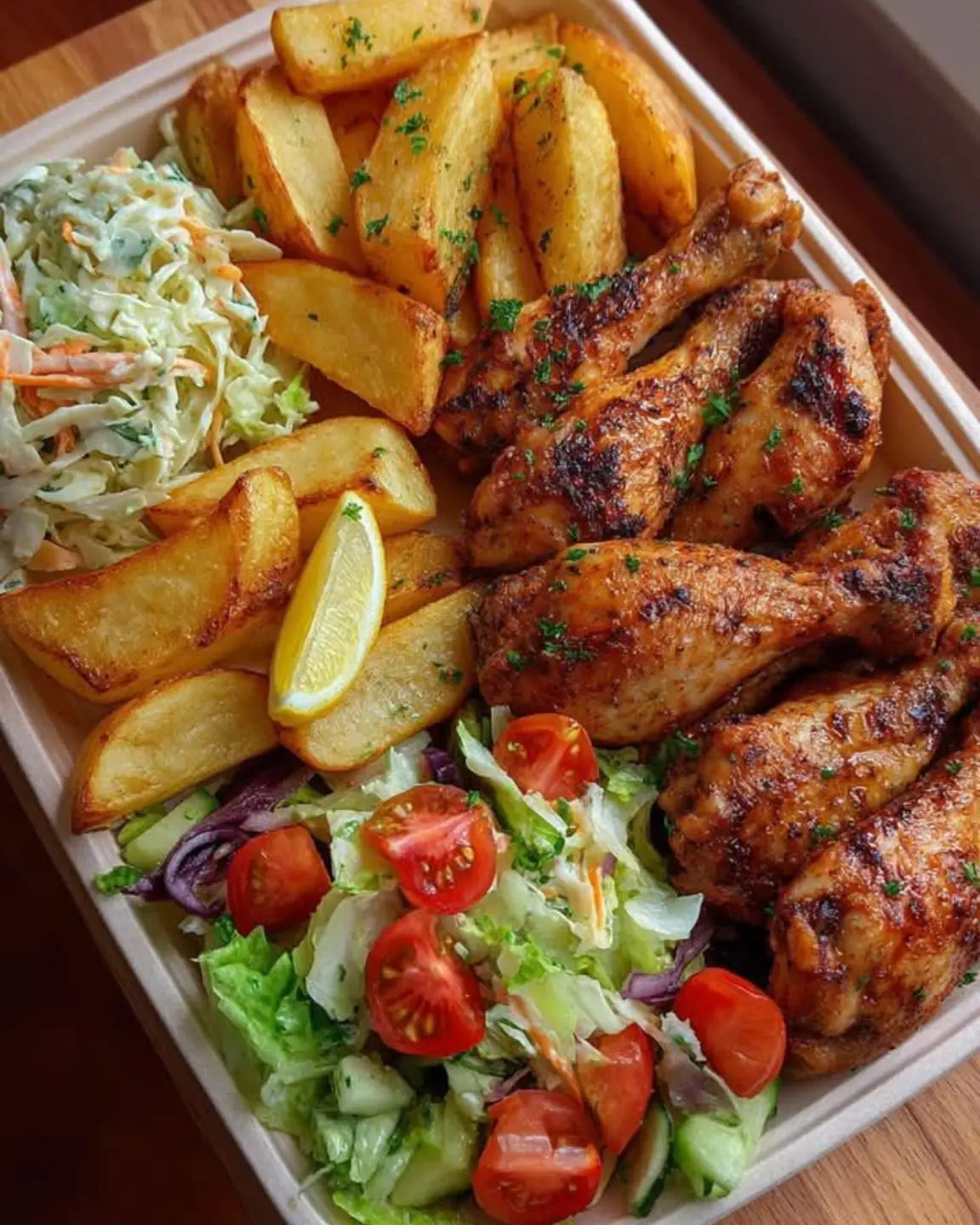 Chicken Drumsticks, Potato Wedges, Greek Salad, Coleslaw and Lemon Wedges