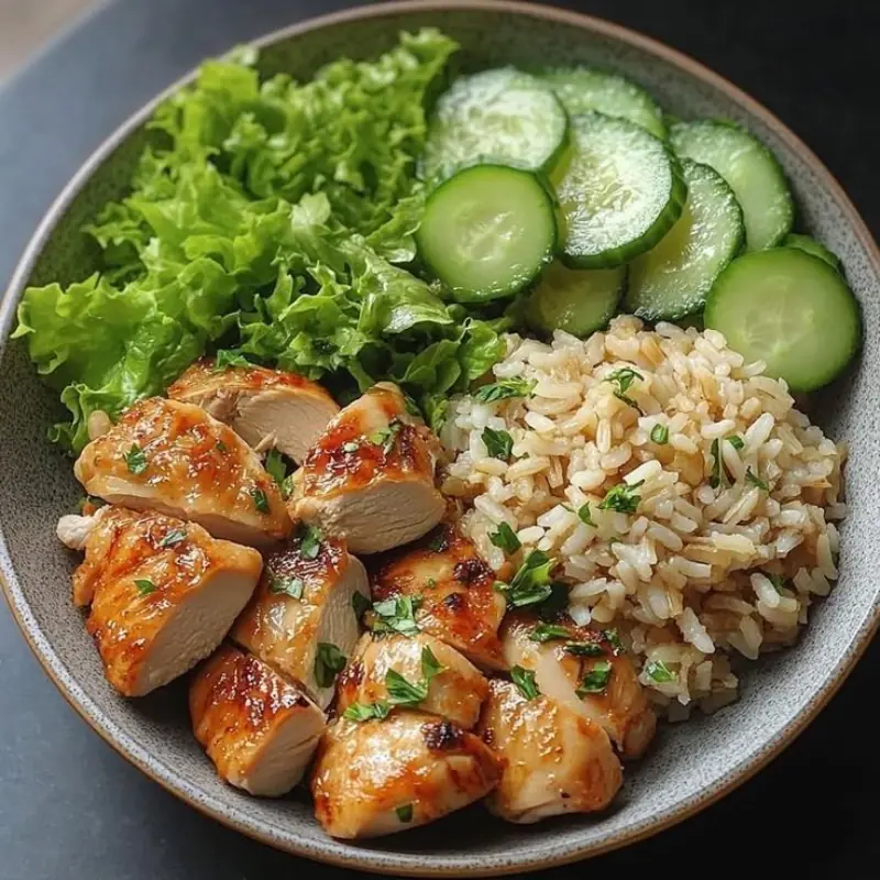 Honey Glazed Chicken with Brown Rice, Lettuce, and Cucumber