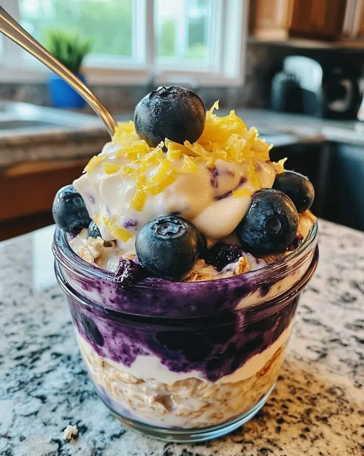 Lemon Blueberry Cheesecake Overnight Oats | Creamy & Zesty