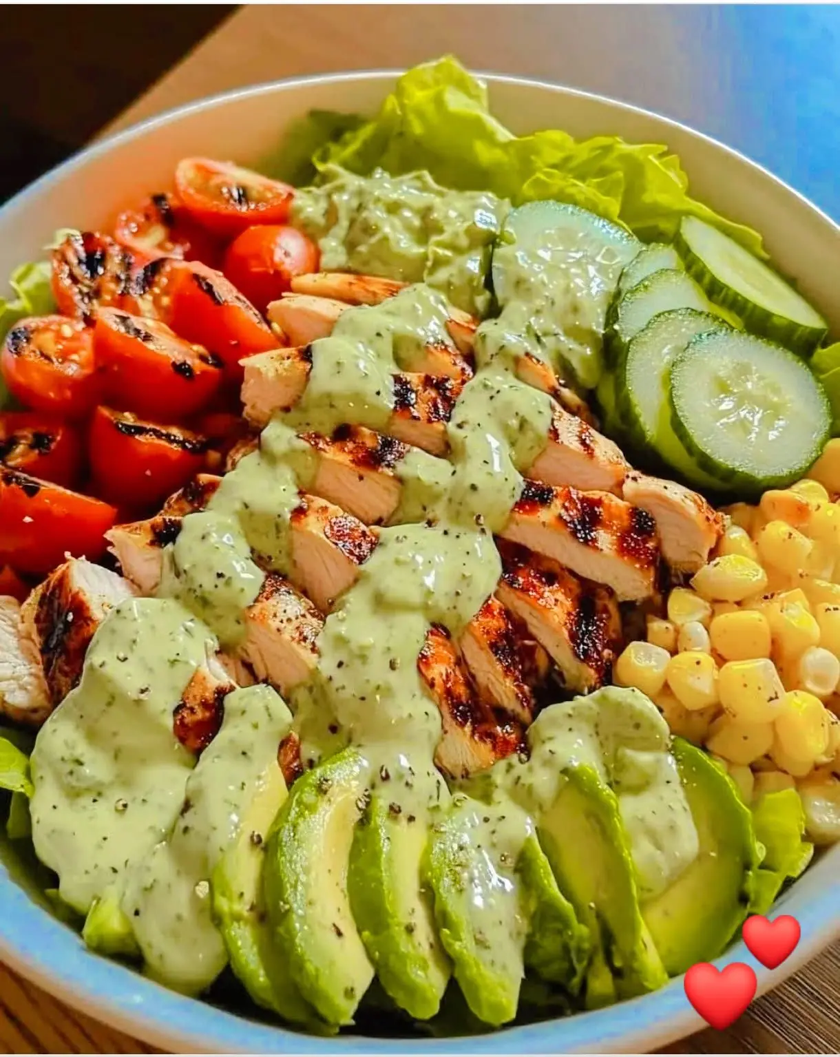 Fresh Grilled Chicken Salad with Avocado, Cherry Tomatoes, Crisp Cucumber, and Golden Corn