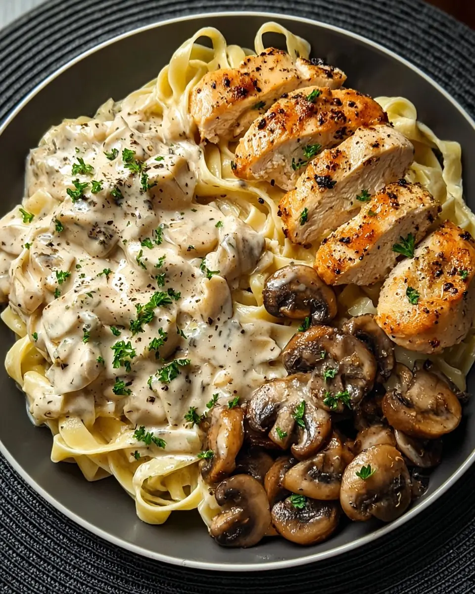 Grilled Chicken with Creamy Mushroom Fettuccine