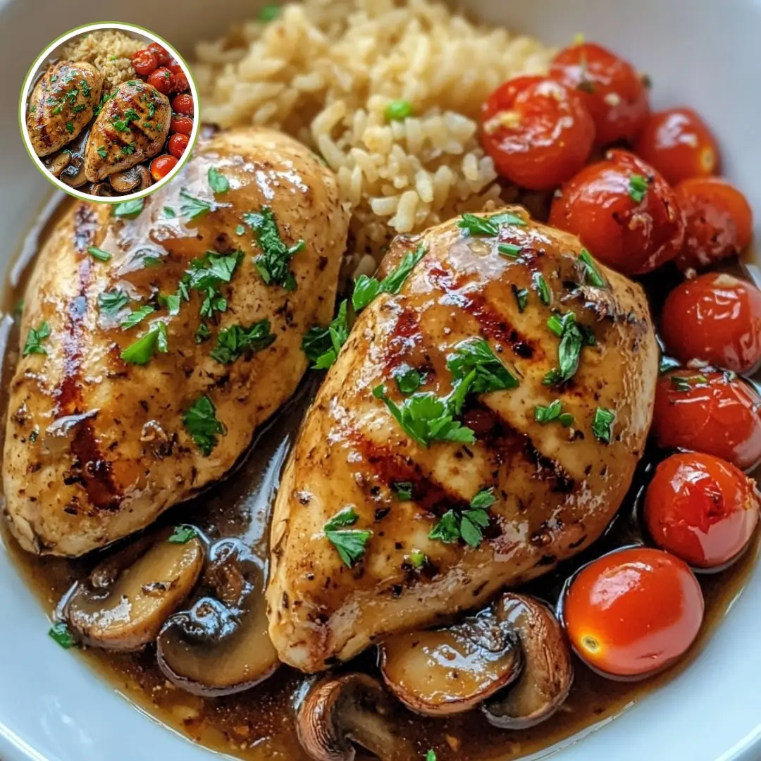 Grilled Chicken with Mushrooms, Tomatoes, and Rice