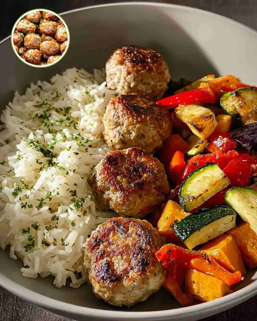 Crazy Tasty Meatball Bowl with Roasted Veggies & Herbed Rice