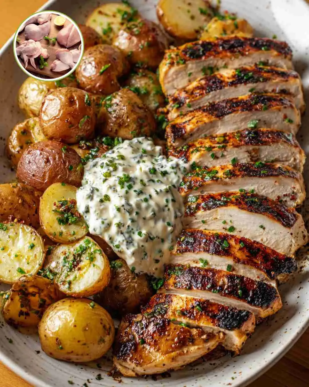 Next-Level Grilled Chicken with Herby Roasted Potatoes and Creamy Chive Sauce