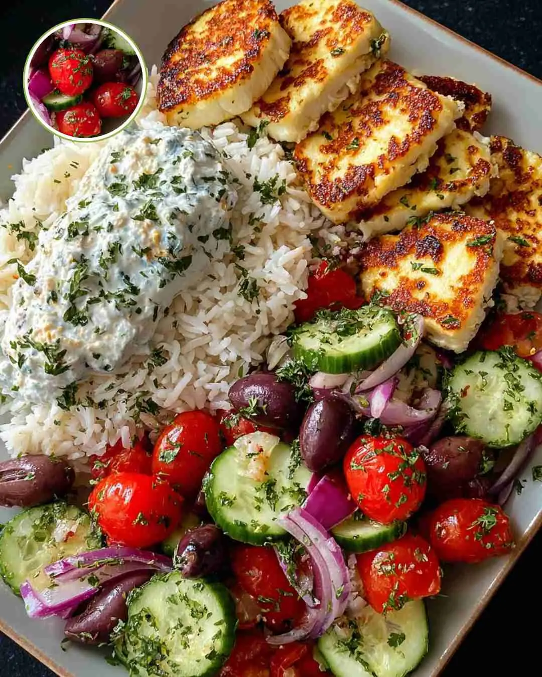Super Fresh Grilled Halloumi with Fluffy Rice, Creamy Herb Yogurt, and Greek-Style Salad
