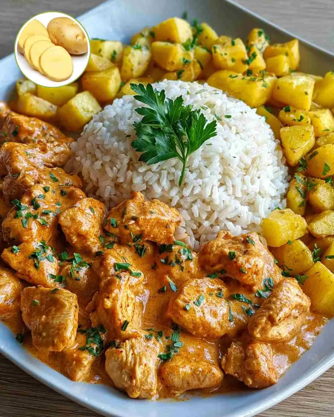 Creamy Spiced Chicken with Fluffy Rice and Golden Potatoes