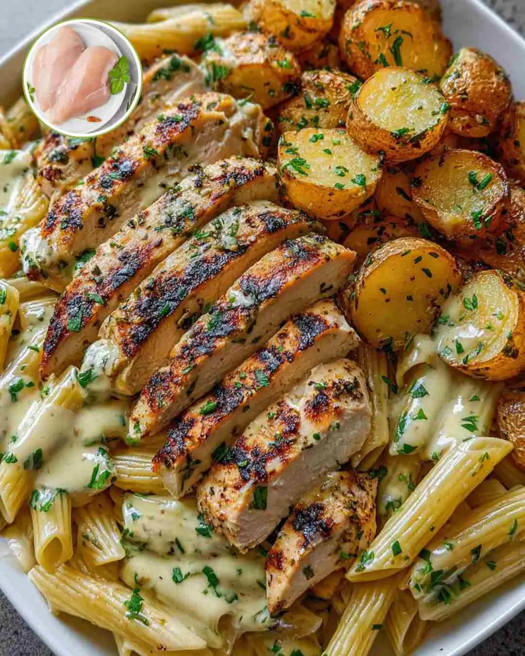 Ultimate Garlic Herb Chicken with Creamy Pasta and Roasted Potatoes