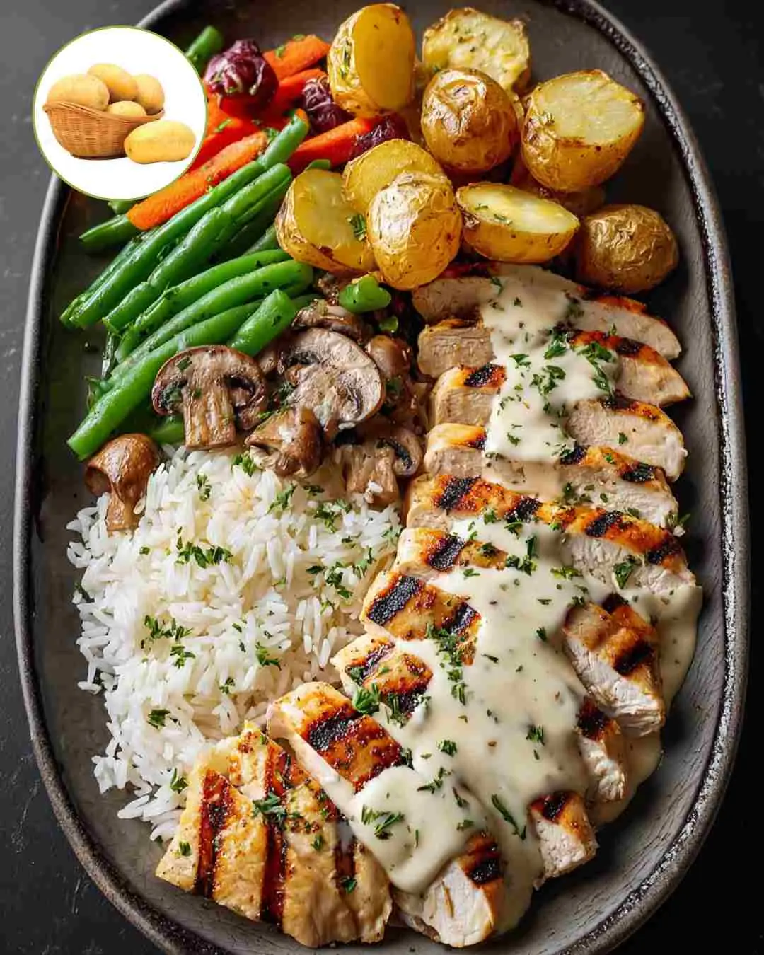 Ultimate Grilled Chicken with Cream Sauce, Roasted Potatoes, Veggies & Rice
