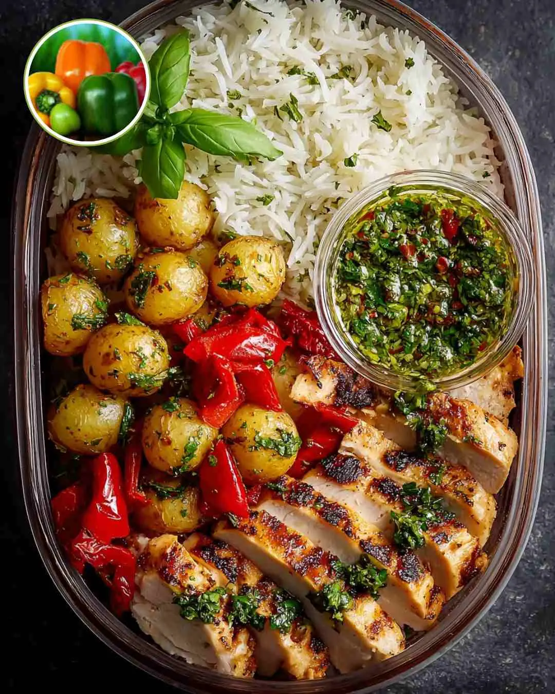 Grilled Chicken Bowl with Garlic Potatoes, Rice & Chimichurri