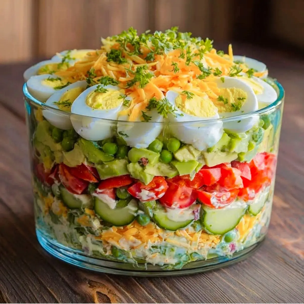 Layered Veggie Salad with Eggs and Avocado – Fresh, Colorful, and Protein-Packed