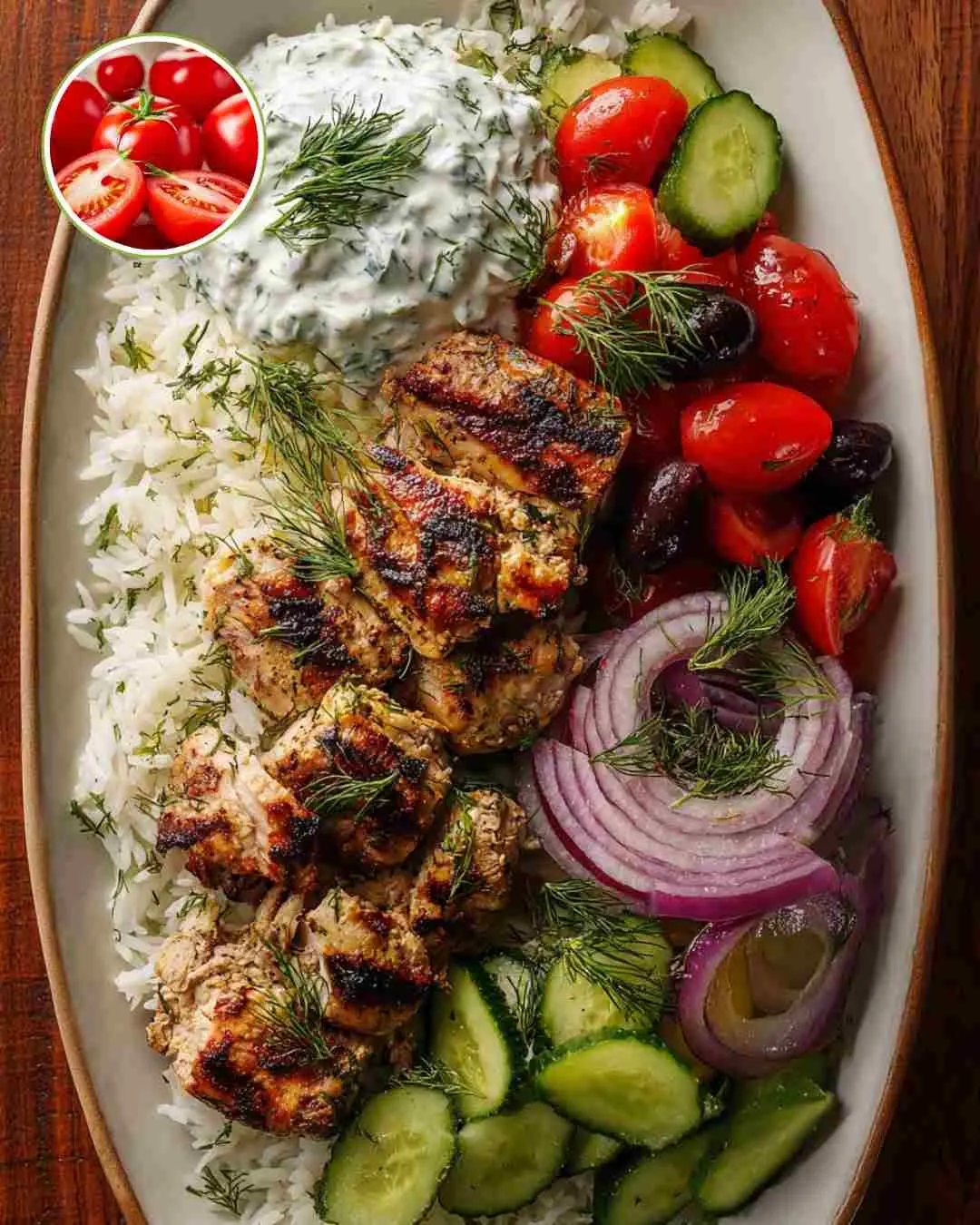 Epic Greek Chicken Souvlaki Bowl with Tzatziki & Fresh Veggies