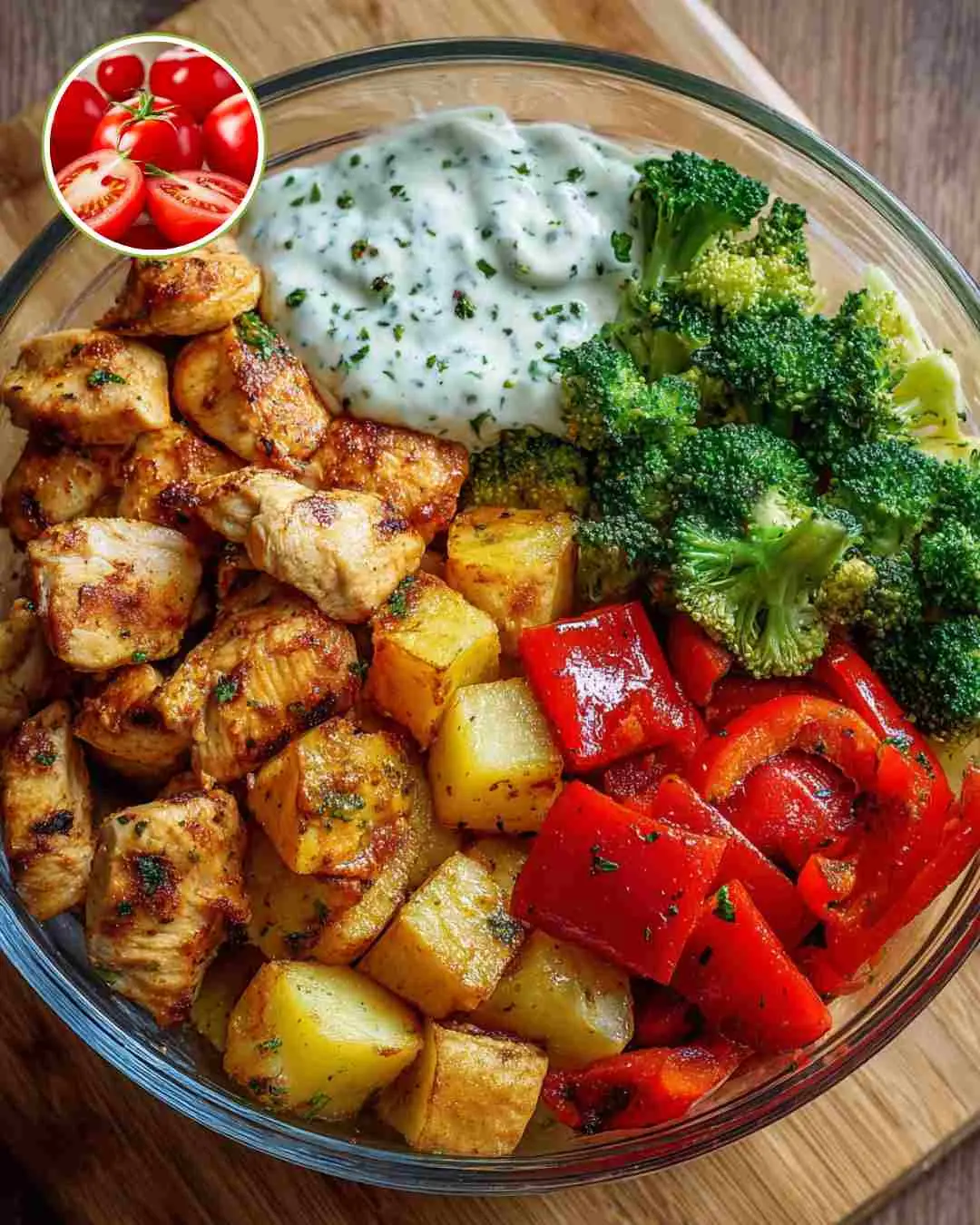 Grilled Chicken & Veggie Power Bowl with Garlic Herb Sauce