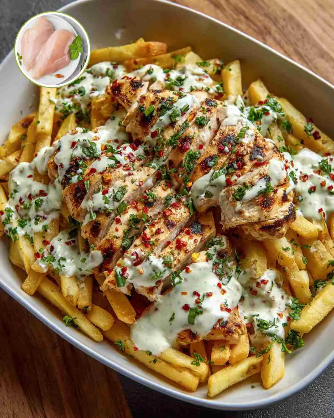 Crazy Loaded Grilled Chicken & Crispy Fries with Garlic-Herb Sauce