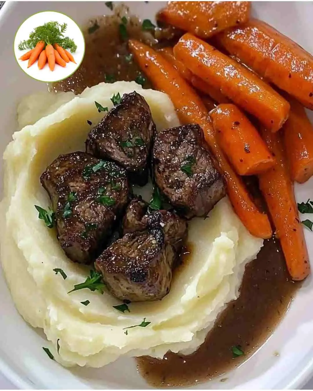 Butter Steak Bites with Mashed Potatoes & Glazed Carrots