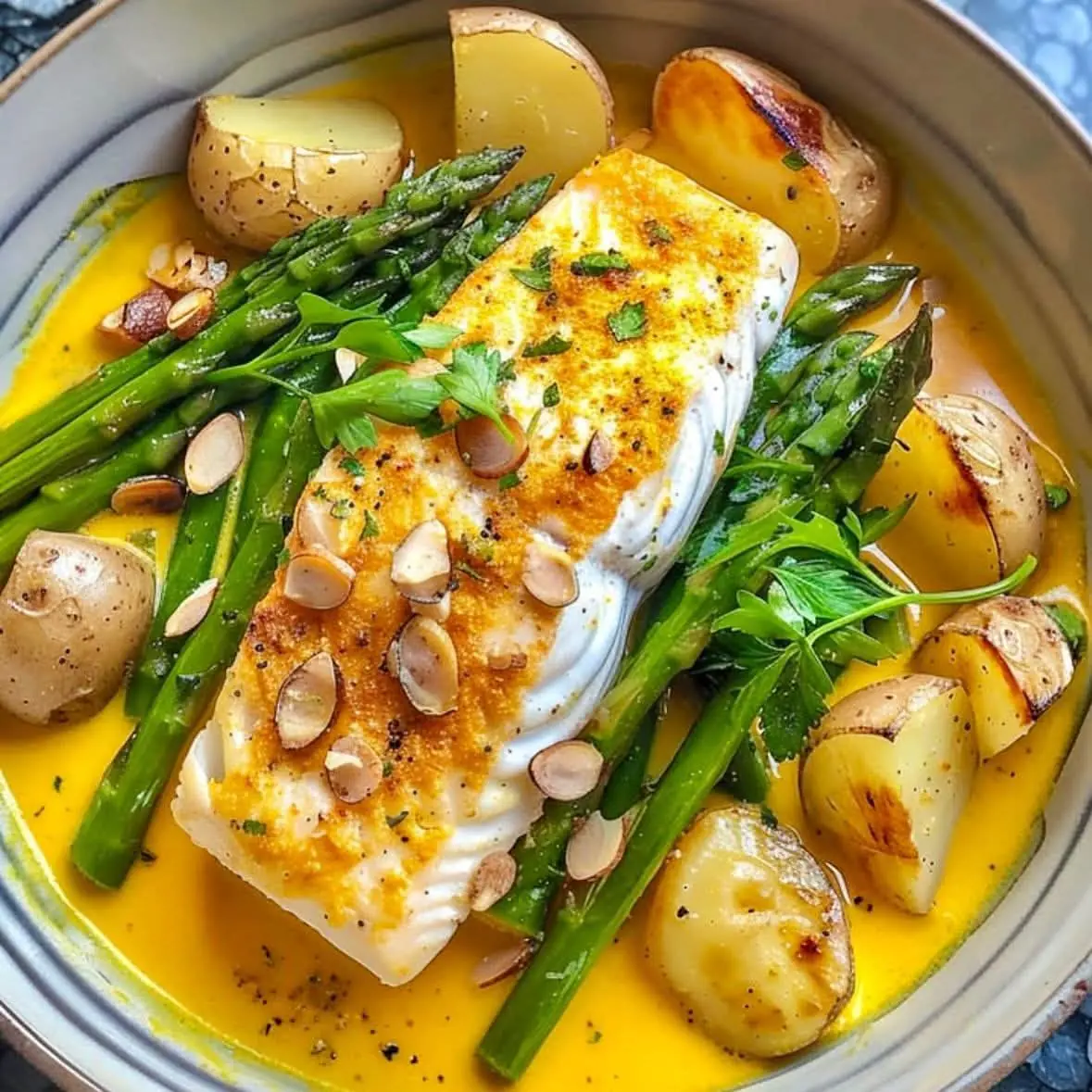 Saffron Halibut with Almond-Garlic Asparagus