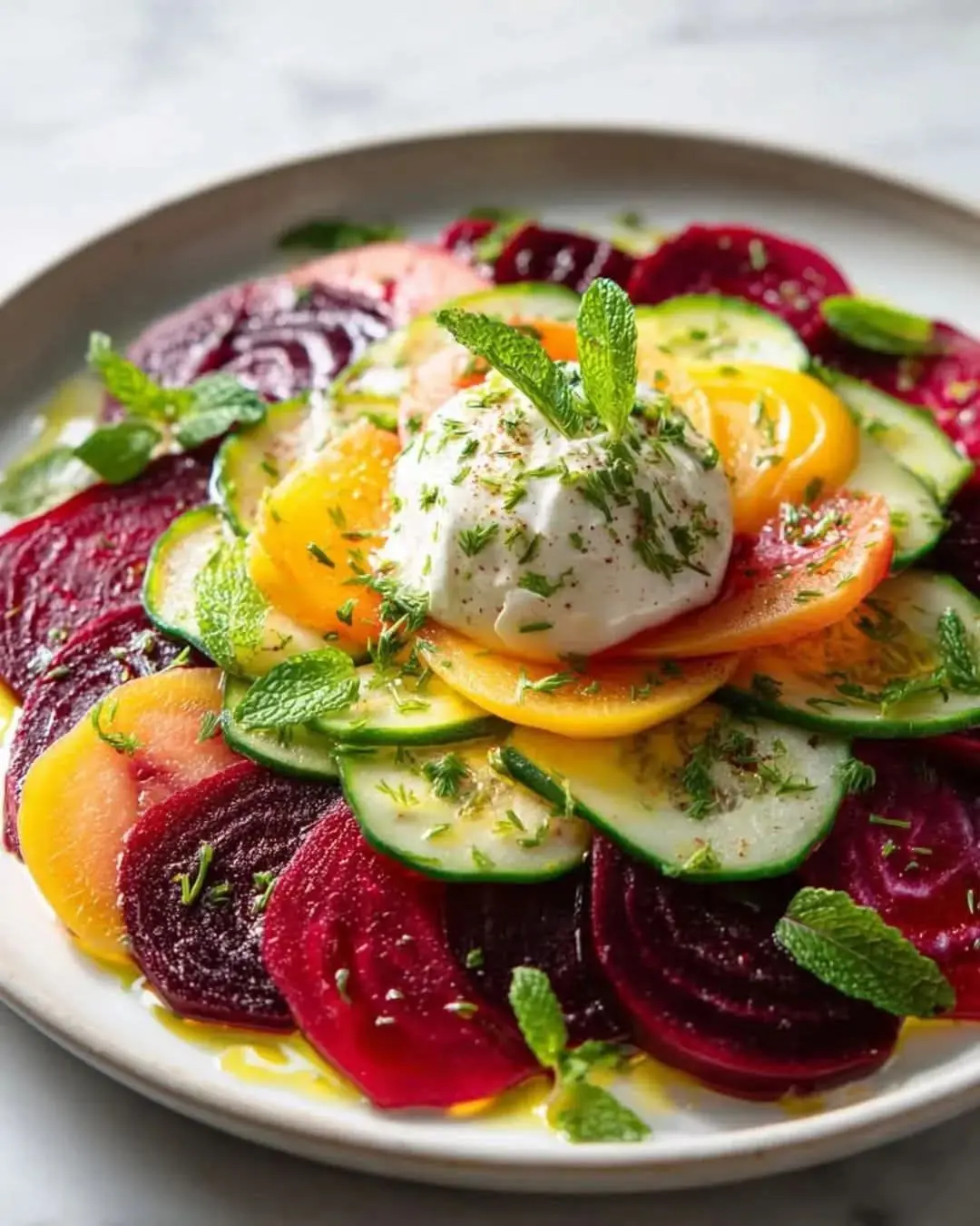 Stacked Beet & Peach Carpaccio with Creamy Burrata