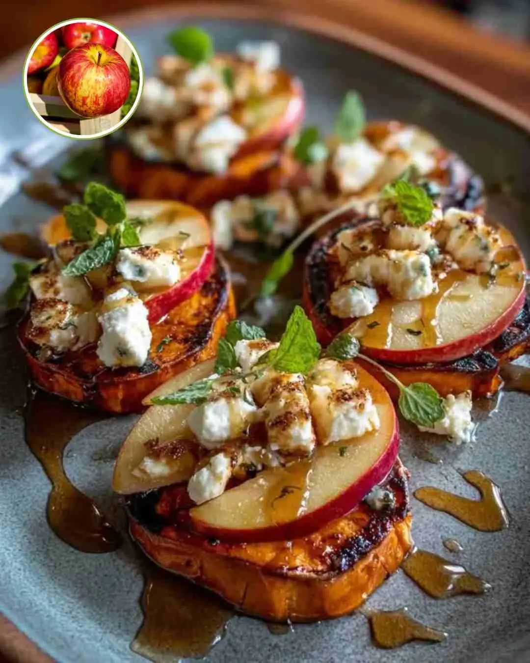 Sweet Potato Rounds with Goat Cheese, Apple Slices, and Hot Honey