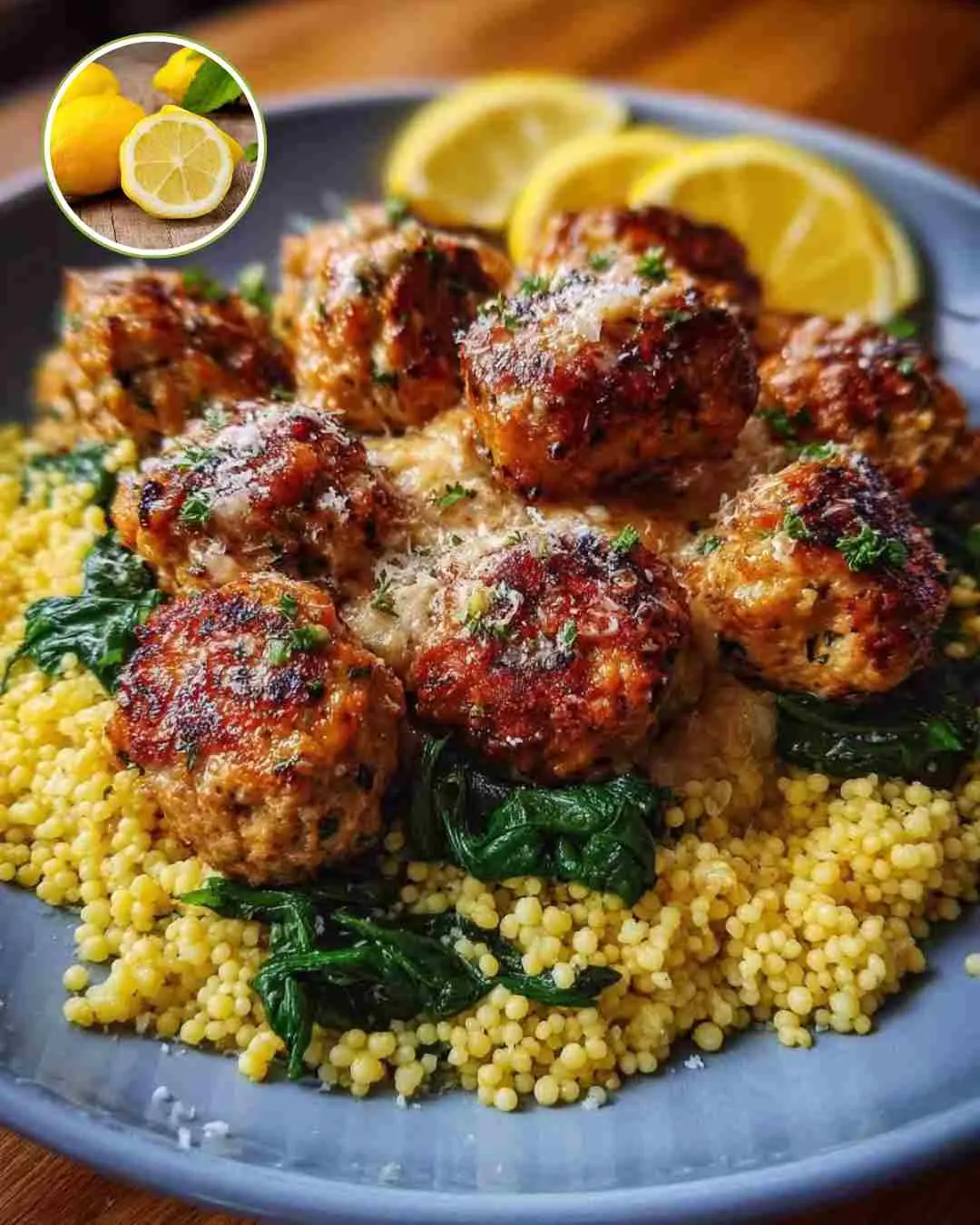 Creamy Chicken Ricotta Meatballs with Spinach and Lemon Couscous