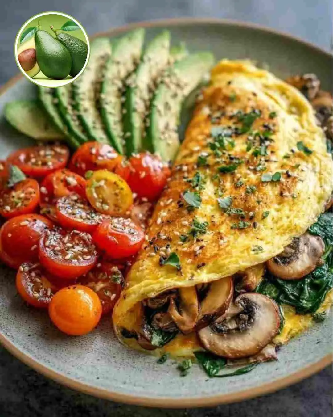 Spinach & Mushroom Omelette with Fresh Avocado and Tomatoes
