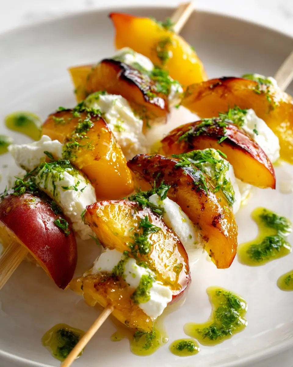 Burrata & Caramelized Peach Skewers with Basil Oil