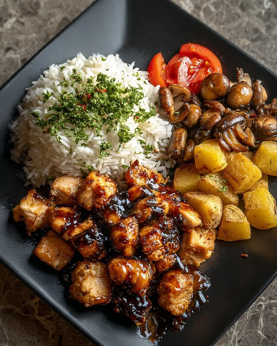 Sticky Garlic Chicken Bites with Herbed Rice & Veggie Medley