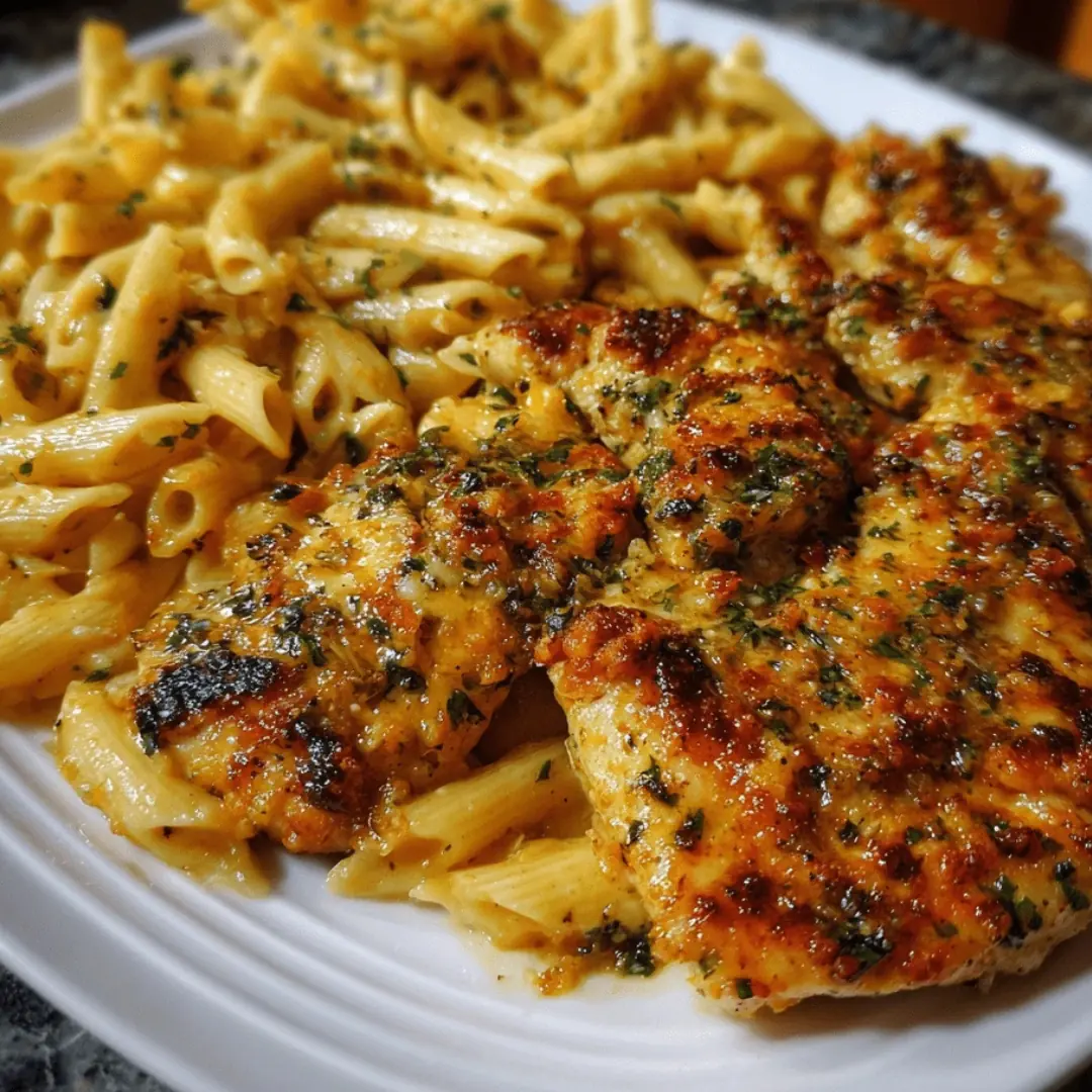 Cheddar Parmesan Garlic Butter Chicken with Creamy Penne Pasta