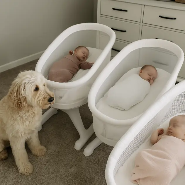 Mini Goldendoodle “makes the rounds” watching over 2-month-old triplets