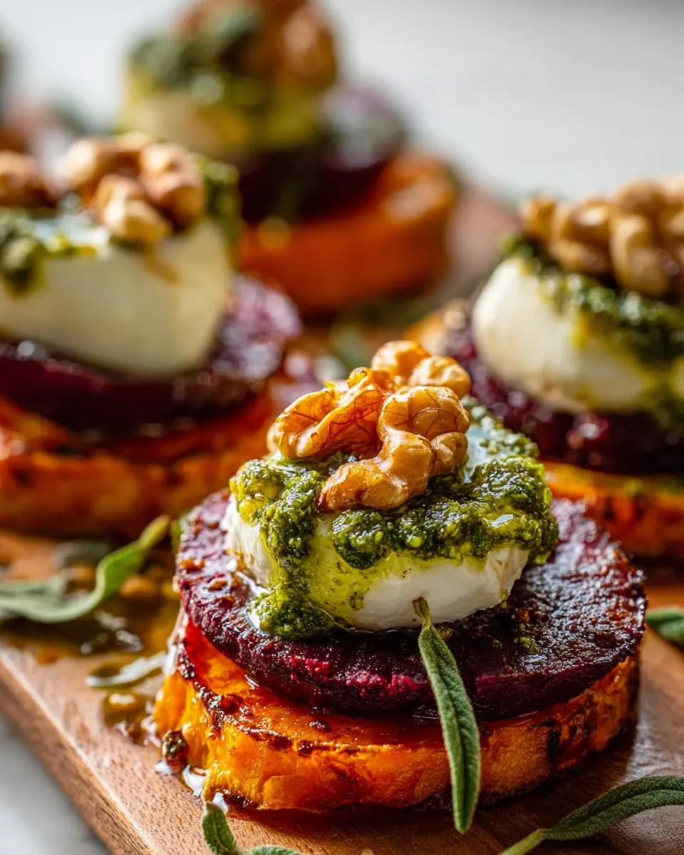 Caramelized Sweet Potato Rounds with Burrata, Beets & Walnut Sage Pesto