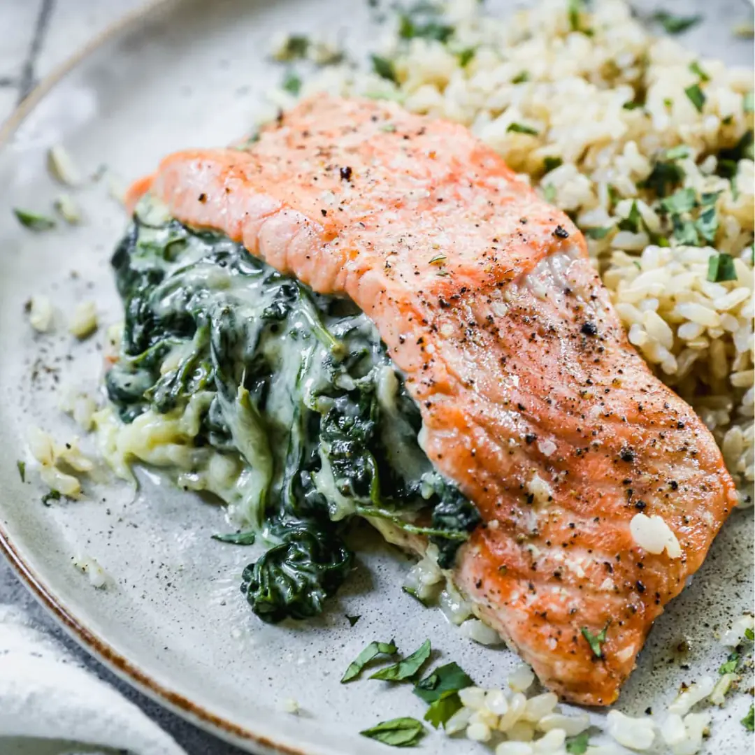 Creamy Spinach-Stuffed Salmon with Garlic Shrimp & Asparagus
